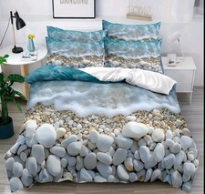 Seaside Pebbly Beach & Blue Hued Tide 229X229cm Duvet Cover & 2 Pillowcases