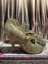 Irregular Choice Size 38 Gold Glitter And Diamanté Bows Stiletto Heels