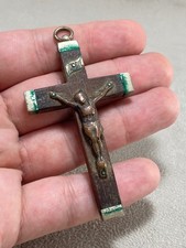 Antique Wooden Crucifix Pendant Brass Inlay 1920s-40s Catholic WWII Cross