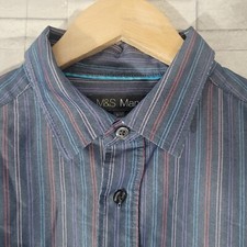 Mens M&S Shirt Blue Large Striped Short Sleeved Soft Touch Modal Casual Travel 