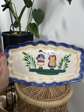 Vtg Henriot Quimper Hand Painted Faience Rectangular Platter Breton Figures