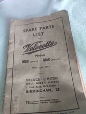 spare parts list for Velocette motorcycles,  the MOV (250cc) and MAC (350cc