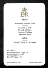 ROYAL MENU QUEEN ELIZABETH  II BUCKINGHAM PALACE 1989