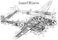 Line Tech Drawing Lockheed P 38 Lightning Mock Art Airplane Plane Poster Print