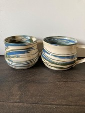 Ceramic Marbled Blue/Cream Swirl Cup Stamped Potters Mark of Hare/Hound  x 2