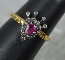 Georgian Design 18ct Gold Ruby and Rose cut Diamond Heart and Crown Cluster Ring