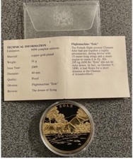 EOLE,FLIGHT MACHINE,MILESTONE OF FLIGHT,24 ct GOLD PLATED PROOF COIN.40 mm,32 gr