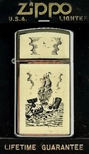 SLIM "SCRIMSHAW WHALE" ZIPPO LIGHTER FROM NOVEMBER 1991 USED