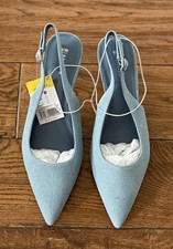Papaya Matalan Denim Light Blue Pointed Sling Back Kitten Heel Shoes Size 6