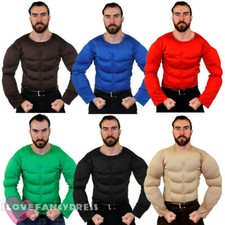 MENS PADDED MUSCLE CHEST TOP STRONGMAN SHIRT TV MOVIE ARMY FANCY DRESS COSTUME