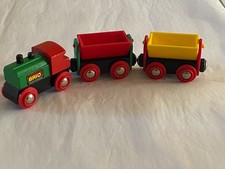 BRIO wooden engine and 2 x tipping trucks, magnetic connections, good condition