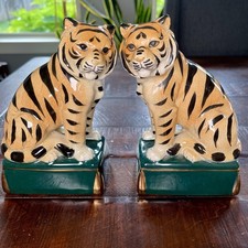RARE Takahashi Tiger Cat Ceramic Bookends Animal Figurine Secret Compartment Vtg