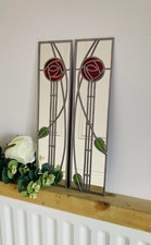 10x40cm Mackintosh Rose 8 Red pair Stained Glass effect mirror Handmade in  UK