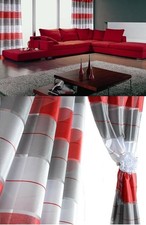 SALE!!! PAIR READY- MADE CURTAINS STRIPED Red Grey White VOILE EYELET RING