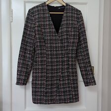 ZARA Black Pink Green Boucle/Tweed Blazer Dress Size M V Neck Fitted Short