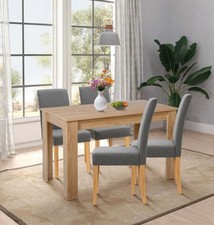 Dining Table Set, Oak Fixed Top Table 120cm, 4 Straight Back Fabric Chair, Grey