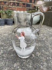Antique Victorian Hand Blown Mary Gregory Style Enamel Painted Clear Glass Jug