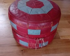 MID CENTURY VINTAGE Red Grey Leather  FOOTSTOOL POUFFE 15" Diameter 