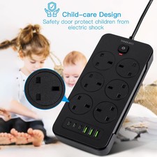 Extension Lead w/ USB C 3PD 3 USB Port 3/6 way Power Strips Surge Protector UK