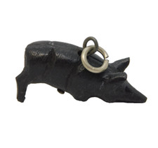Victorian Irish Sterling Silver Bog Oak Carved Pig Charm Pendant Antique c1880