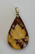 Amber Engraved Rose Drop Shape Pendant Floral Resin H 1½” 