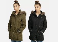 BRAVE SOUL WOMENS PADDED PARKA COAT FUR HOOD FISHTAIL MILITARY WINTER JACKET TOP