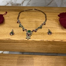 Handmade Kundan necklace set ,green jade and ruby stones, with matching earrings