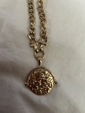 Ladies Gold Tone Hammered Disc Chain And Pendant