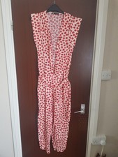 Zara Women's Floral Jumpsuit V-Neck Line Red & White Size M 10 Lightweight