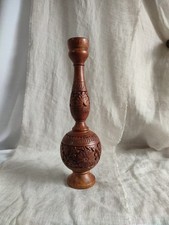 Vintage Mid Century Indian Ornate Hand Carved Wooden Candle Stick Candle Holder 