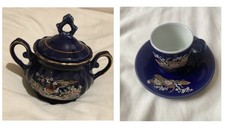 Set Of 11 Teacup And Saucer & Pot Navy Floral And Bird Tea Set *read info first*