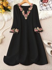 PLUS 18 20 22 24 ELEGANT BLACK FLORAL CROCHET SHIFT V NECK DRESS  NO STRETCH