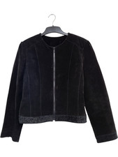 Real Suede Black Zip Up Jacket Floral Trim Ladies Size 14 PW