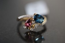 Gemporia 9ct gold Rubellite, London Blue Topaz and Whitand white Zircon ring N