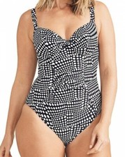 Figleaves Cape Cod Swimsuit Black White Size 32DD 10 Padded Plunge Tummy Control