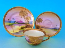 NORITAKE TRIO SAHARA SCENE TOOLED & HEAVILY GILDED WITH PALM TREES - NIPPON 2of2