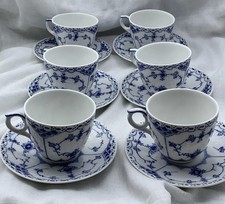Royal Copenhagen Denmark Porcelain Cups and Saucers Set of 6 Blue And White 528