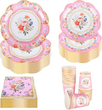 Vintage Party Tableware Set for 30 Guests - Pink Floral Paper Plates Napkins 