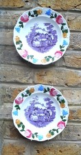 Pair  Antique c. 1820 Pottery  Transfer Ware Childrens Plates  Hand Painted
