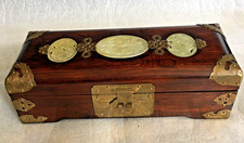 Vintage Oriental Chinese wooden jewellery box with three carved jade inserts