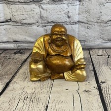 Gold & Bronze 12cm x 12cm Large Chinese Buddha Sitting On Lotus Statue Resin
