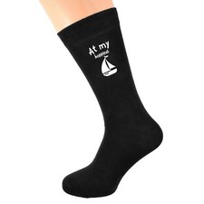 At My Happiest with Sailing Boat Image Printed in Vinyl on Mens Black Socks