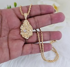 14K Yellow Gold Over Diamond Nugget Pendant With 24" Chain Necklace For Men