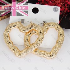 GYPSY HEART HOOP ornate bamboo retro creole hearts GOLD FASHION HOOPS earrings