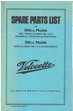 VELOCETTE 350cc VIPER CLUBMAN 500cc MSS VENOM THRUXTON SPARE PARTS LIST (REPRO)