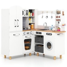 COSTWAY Corner Play Kitchen Kids Wooden Kitchen Playset Double-Door Fridge Grey