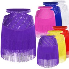 UK Women Latin Dance Skirt Shiny Rhinestones Tango Rumba Salsa Tassel Skirts