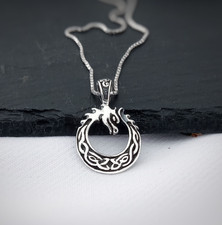 Fire Dragon round pendant in sterling silver, Ouroboros dragon Celtic charm