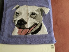 New handmade dog blanket in mid lilac chunky yarn ft a Staffie motif