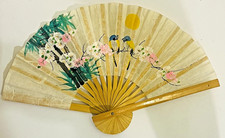 Oriental Painted Hand Fan – Bamboo & Paper Wall Decor – Birds, Blossoms & Sun 